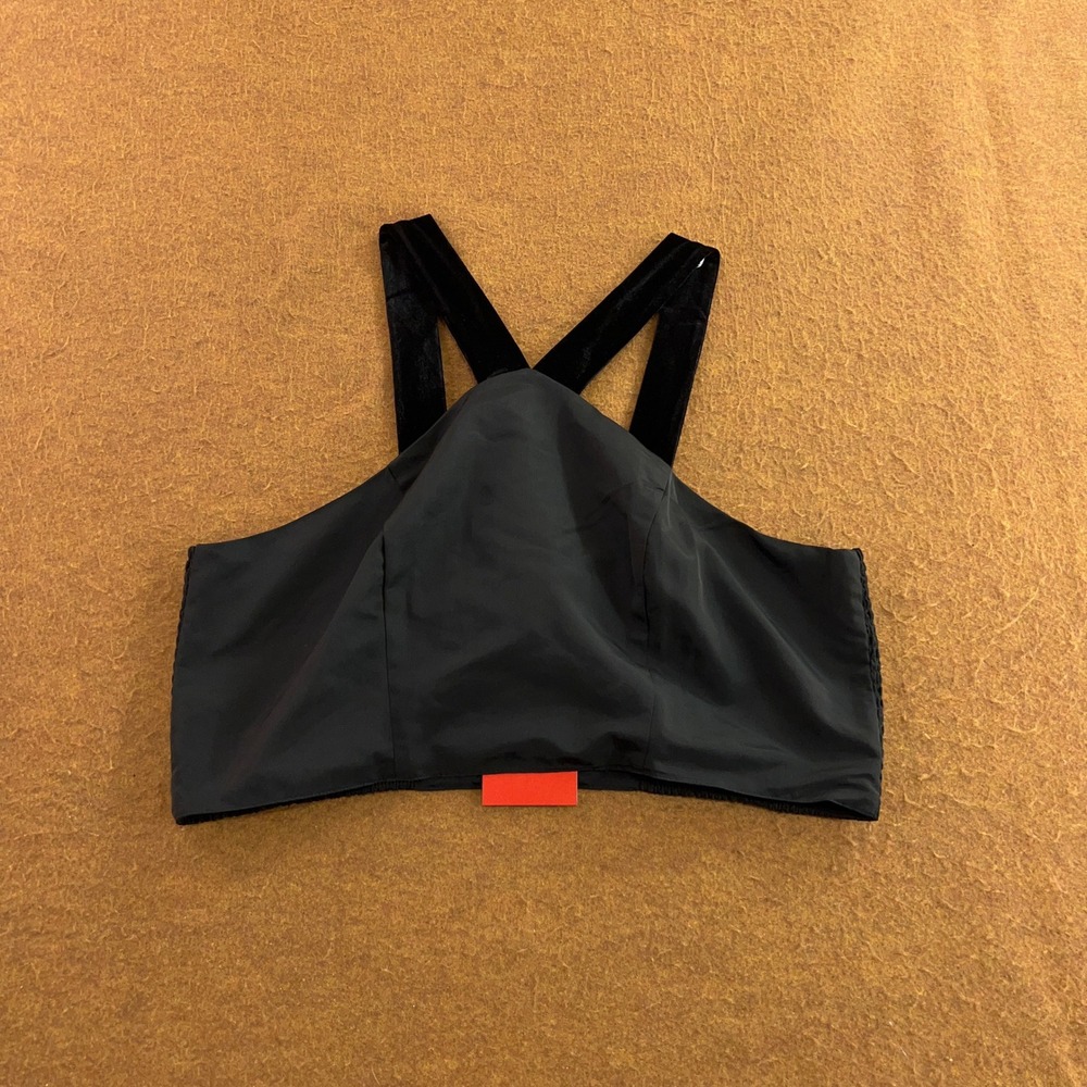 Old Navy Womens XL Black Velvet Strap Smocked Back Crop Halter Top NWT